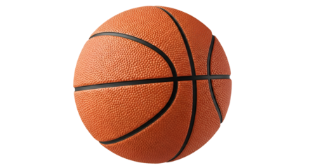 A closeup studio shot of a standard orange basketball isolated on transparent background, showcasing its textured surface and black seams