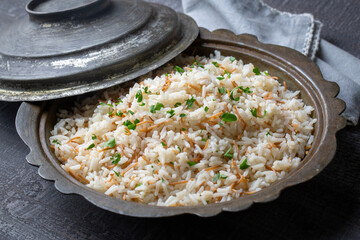 Traditional delicious Turkish food; Turkish style rice pilaf (Turkish name; Arpa sehriyeli pirinc...