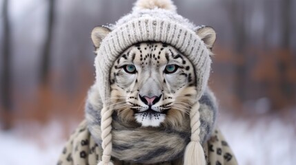 Obraz premium A cute portrait of a snow leopard wearing a knitted hat and scarf. A funny snow leopard. Pet clothing. A collection of animal posters. A collection of knitted clothing.
