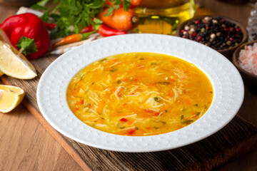 Chicken and vegetable noodle soup. Turkish name; tavuklu sebzeli sehriye corbasi