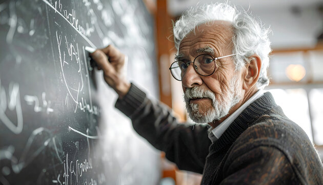 Serious senior professor or mathematician writing complex formulas and equations on a traditional chalkboard in a classroom. - Powered by Adobe