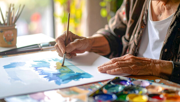 A retired elderly woman spends her free time doing art.