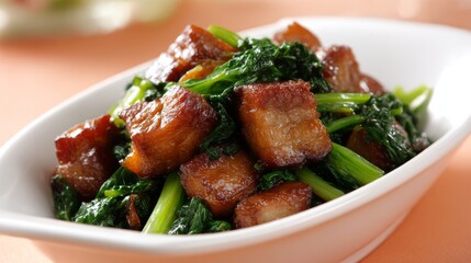 Crispy fried pork belly stir-fried with kale, neatly plated on a white ceramic dish, photographed with soft light on a peach beige background and shallow focus.
