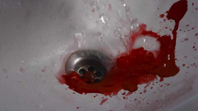 Close up video of red blood and bloodstains being washed down the gutter or drain in a white colored bathroom sink in slow motion by water fallin up from above. Blood splatter all around, crime scene.