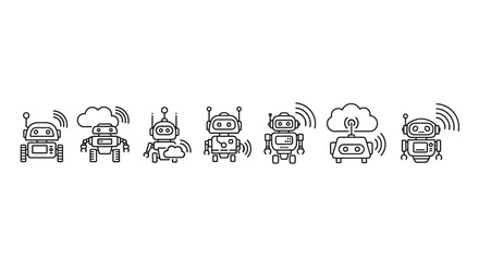 Hand-drawn cute robots connected to cloud services symbolizing ai and smart technology vector