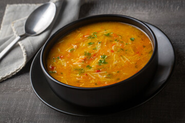 Chicken and vegetable noodle soup. Turkish name; tavuklu sebzeli sehriye corbasi