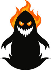 Burning ghost with fire aura  black illustration  white background