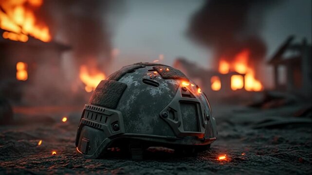 Military helmet on ground with burning houses and fiery debris, concept of conflict and war crime consequence footage