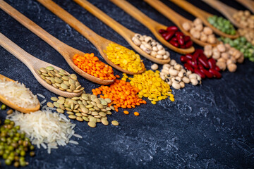 Legumes, a set consisting of different types of beans, lentils and peas