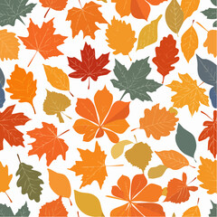Obraz premium Seamless Pattern of Colorful Autumn Leaves Featuring Maple, Oak, and Chestnut Shapes on White Background