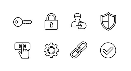 Set of security and access icons including key lock user shield settings link and checkmark vector