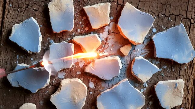 Fragments of blue-painted pottery scattered on a rustic wooden surface