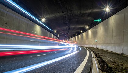 Fototapeta premium Long Exposure Traffic Streaks Through a Concrete Tunnel with Bright Overhead Lights and White Road Markings