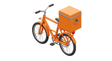Isometric orange delivery bicycle with a box on transparent background