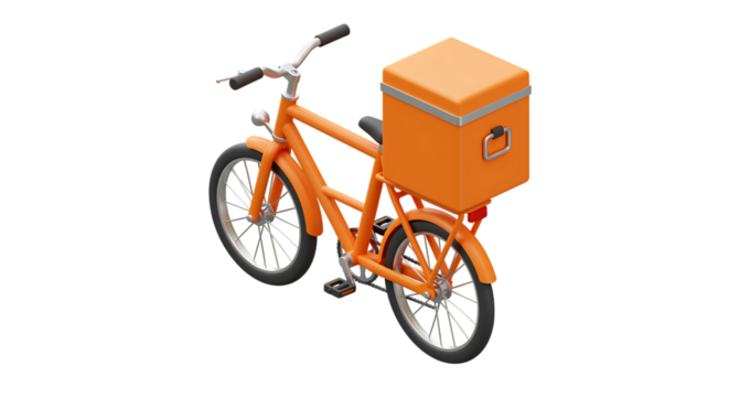 Isometric orange delivery bicycle with a box on transparent background