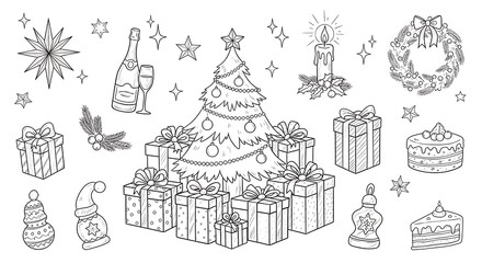 Fototapeta premium Festive Holiday Season Coloring Page: Christmas Tree, Gifts, Cake, Champagne, and Wreath - Delightful Line Art Illustration with Sparkling Stars and Ornaments
