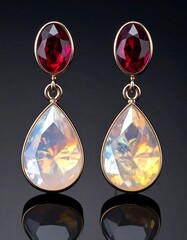 Elegant gold earrings with red and teardrop-shaped iridescent gems