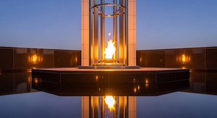 Eternal flame monument at dusk with reflections on still water