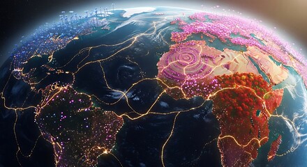 Global network connection abstract illustration depicting continents and data flows