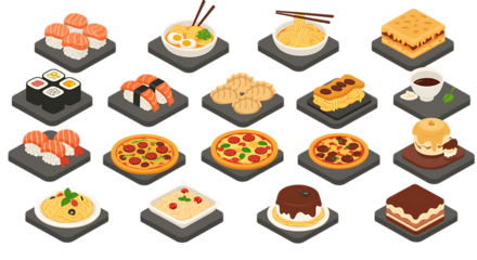 Isometric japanese food and desserts icons set design elements on transparent background