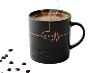 Black coffee mug with heartbeat design isolated on transparent background for coffee lovers