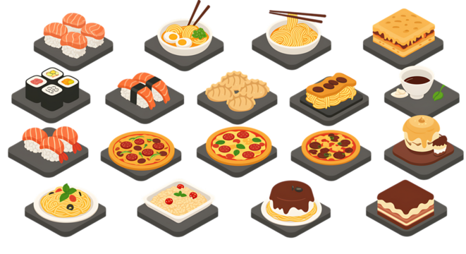 Isometric japanese food and desserts icons set design elements on transparent background - Powered by Adobe