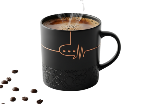 Black coffee mug with heartbeat design isolated on transparent background for coffee lovers