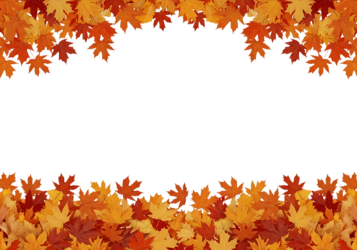 A border of colorful autumn maple leaves in red, orange, and yellow, with a white space in the middle, isolated on transparent background