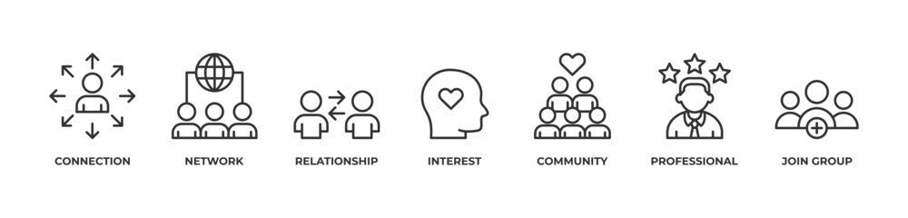 Professional Relationship Network Icons set vector illustration outline with Connection, Network, Relationship, Interest, Community, Professional, Join group