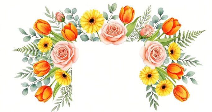 Watercolor floral frame of roses tulips and daisies for cards and invitations