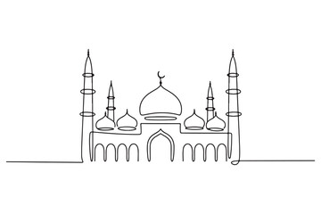 Continuous one line drawing of mosque with dome and minarets, simple islamic architecture illustration
