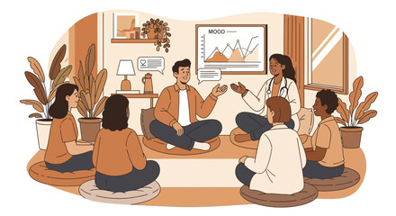 Group therapy session illustration focusing on improving mental well-being of individuals