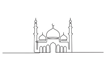 Continuous one line drawing of mosque with dome and minarets, simple islamic architecture illustration
