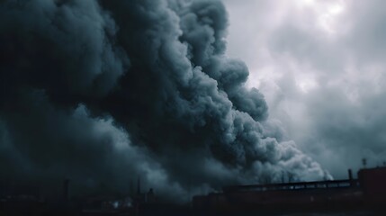 Fototapeta premium Dark dense industrial smoke plumes rise into a dramatic overcast gray sky