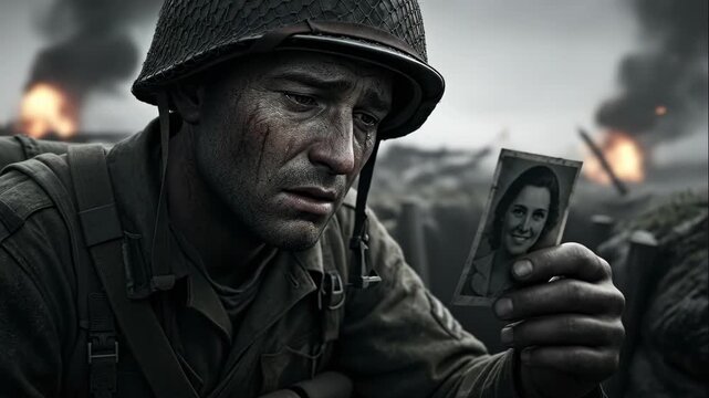 Soldier man in uniform crying, holding a photograph of a woman during wartime, poignant memory and sacrifice footage