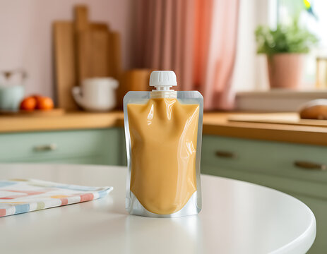 Poultry puree in a flexible pouch with a spout on a kitchen counter with soft focus background