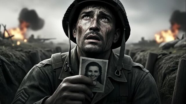 Caucasian soldier holding a photograph of a woman, experiencing emotions of sadness and hope amidst a battlefield with explosions, documentary style footage.