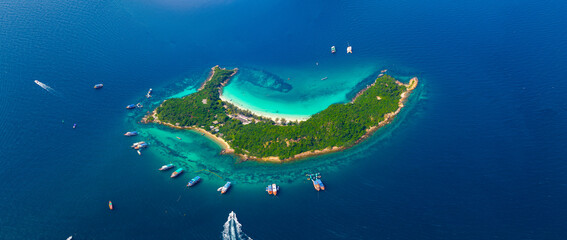 Aerial view panorama Koh Sak island with white beach and turquoise sea, Pattaya Thailand