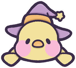 Cute chicken wearing witch hat peeping