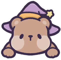 Cute grizzly bear wearing witch hat peeping