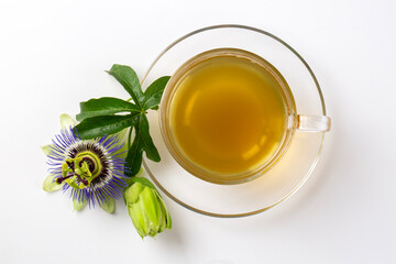 A cup of herbal tea with Passiflora caerulea. Alternative herbal medicine, calming and relaxing effect