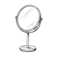 Simple tabletop mirror with adjustable stand in minimalist design, black and white vector illustration on transparent background