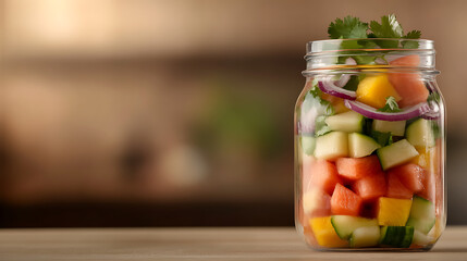 A vibrant fruit salad in a glass jar: a refreshing mix of colorful fruits and vegetables, topped with fresh herbs. Perfect for a healthy snack or a light dessert!
