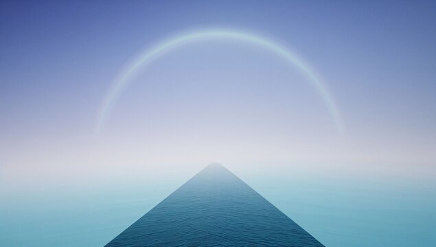 Geometric pyramid under a faint rainbow arc in a hazy sky - Powered by Adobe