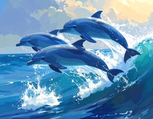 Artistic illustration of four dolphins leaping above the blue ocean waves