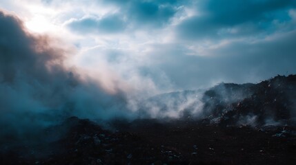 Fototapeta premium Dramatic sky over a smoky landfill illustrating environmental pollution and waste disposal