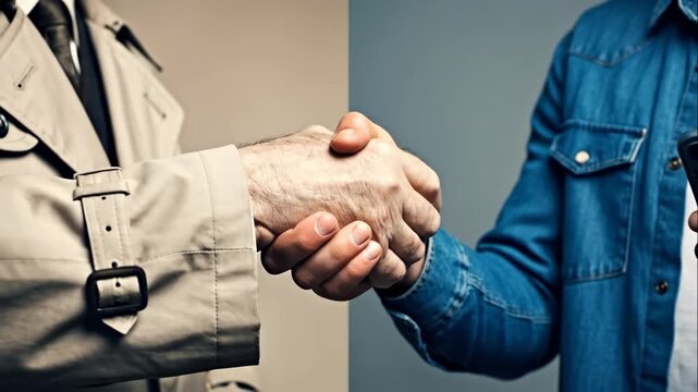 Older man in a trench coat and younger man in denim shirt shaking hands. Business meeting and mutual agreement concept footage.