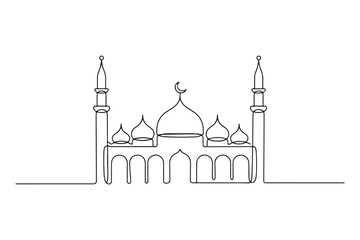 Continuous one line drawing of mosque with dome and minarets, simple islamic architecture illustration

