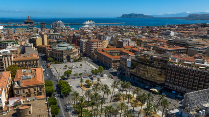 Fototapeta premium Aerial view of Politeama Theatre, complete name Teatro Politeama Garibaldi. It is a theatre of Palermo, Sicliy, Italy. It is located in the central Piazza Ruggero Settimo, historic center of the city.