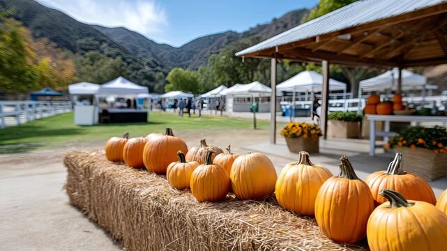 Explore a charming market where bright orange pumpkins are arranged on bales of hay under a clear blue sky, creating a festive atmosphere